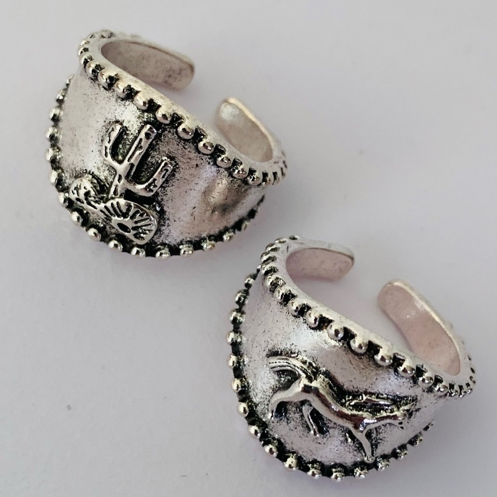 Western Design Silver Tone Cuff Rings Cactus and Horses
